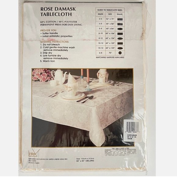 NEW Vtg Lintex Tablecloth Rose Damask Cream Permanent Press 60" x 84" Oblong - Picture 1 of 2